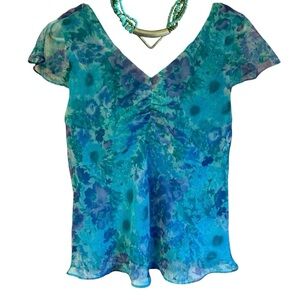 K Studio Women’s Blue Teal Purple Summer Floral Sheer Flutter Cap Sleeve Blouse